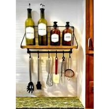 Brentino Metal Askılıklı Kahve Köşesi Rafı Ahşap Üst Raf 6 Kancalı Duvar Rafı Fincan Askısı 42CM