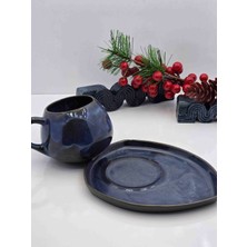 Atolye Okyanus Stoneware Lacivert Seramik Kahve Fincanı & Oval Tabak Seti Fincan