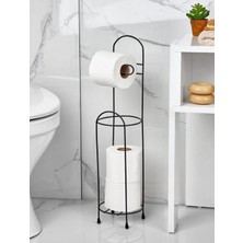 Modern Ayaklı Tuvalet Kağıtlığı Yedekli - Siyah Metal Tuvalet Kağıtlığı