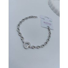 Lagül Aksesuar Xuping Zirkon Taşlı Kararmaz Paslanmaz Kalp Detaylı Şık Silver Bileklik