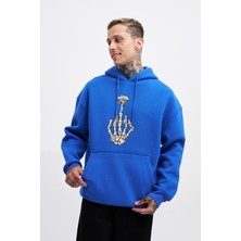 Machinist Erkek Middle Finger Baskılı Kapüşonlu Oversize Sweatshirt Saks Mavi
