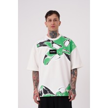 Machinist Erkek Lotus Flower Baskılı Oversize Tişört Ekru