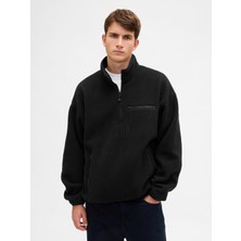 Gap Erkek Siyah Sherpa Oversized Yarım Fermuarlı Logo Sweatshirt