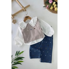 Miniğimin Cicileri Kalp Işleme Detaylı Süeterli Kız Çocuk 3 Lü Takım - Taş