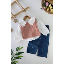 Miniğimin Cicileri Kalp Işleme Detaylı Süeterli Kız Çocuk 3 Lü Takım - Pembe