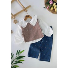 Miniğimin Cicileri Kalp Işleme Detaylı Süeterli Kız Çocuk 3 Lü Takım - Gül Kurusu