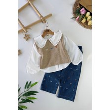 Miniğimin Cicileri Kalp Işleme Detaylı Süeterli Kız Çocuk 3 Lü Takım - Açık Taba