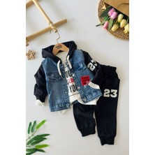 Miniğimin Cicileri Kapüşonlu Kot Detaylo 23 Baskı Erkek Çocuk 3 Lü Spor Takım - Siyah