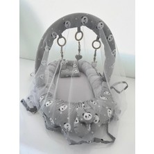 Babynest Lüks Tasarım Ortopedik Anne Yanı Bebek Yatağı Oyuncaklı 3'lü Set, Gri Panda (3 Adet)