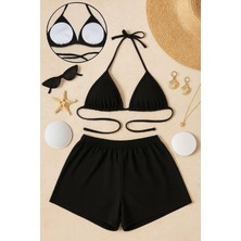 Femina Trendy Kadın Siyah Şortlu Belden ve Boyundan Bağlamalı Bikini Takımı