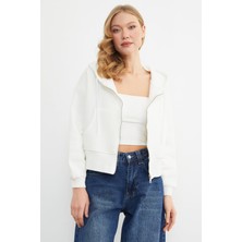 FullaModa Basic Fermuarlı Kapüşonlu Crop Sweatshirt