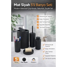 SHC4200 5li Siyah Çizgili 5 Parça Banyo Seti Yuvarlak Çöp Kovası Tuvalet Fırçası Sabunluk Diş Fırçalık