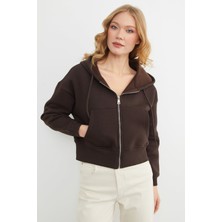 FullaModa Basic Fermuarlı Kapüşonlu Crop Sweatshirt