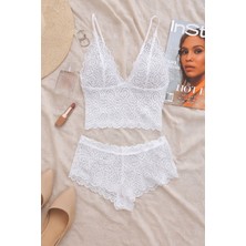 Moda Dua Kadın Beyaz Dantel Bralet Şort Takımı – Romantik ve Zarif Iç Giyim