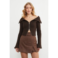 FullaModa Kol Detaylı Fermuarlı Madonna Yaka Hırka