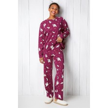 Dofi Kadın 1728 Mürdüm Pijama Takımı – Kutup Ayısı Deseni, Bisiklet Yaka, Rahat ve Modern