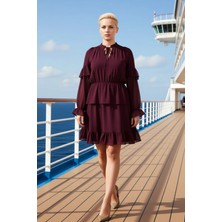 Benerly Kadın Büyük Beden Kaçık Yaka Balon Kol Mini Dokuma Elbise Fonksiyonel Dayanıklı Kaliteli Şık