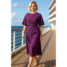 Benerly Kadın Büyük Beden Bisiklet Yaka Standart Kol Midi A Line Dokuma Elbise Fonksiyonel Estetik