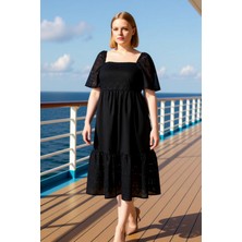 Benerly Kadın Büyük Beden Kare Yaka Kısa Kol Brode Dokuma Midi Elbise Fonksiyonel Dayanıklı Modern