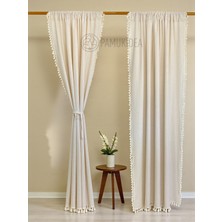 PAMUKIDEA Rustik Cepli Krem Ponponlu - Püsküllü  Pamuklu Buldan Keten Perde - Tek Kanat - (En x Boy)