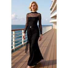 Benerly Kadın Uzun Kollu Dik Yaka Balık Kalıp Dantel Maxi Elbise Fonksiyonel Dayanıklı Kaliteli Şık