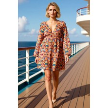 Benerly Kadın V Yaka Balon Kol Etnik Desenli Mini Dokuma Elbise Fonksiyonel Dayanıklı Kaliteli Şık