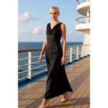 Benerly Kadın Degaje Yaka Kolsuz A Kesim Saten Maxi Elbise Dokuma Kumaş Fonksiyonel