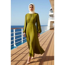 Benerly Kadın Dik Yaka Balon Kol Maxi Elbise Jakarlı Çiçekli Dokuma Kalıp Skater Fonksiyonel Rahat