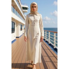 Benerly Kadın Gömlek Yaka Standart Kol Maxi Boy Elbise Çizgili Desenli Dokuma Kumaş Fonksiyonel Şık