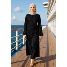 Benerly Kadın Bisiklet Yaka Standart Kol Maxi Elbise Görünümlü Dokuma Kumaş Skater Kalıp Şık