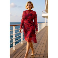 Benerly Kadın Büyük Beden Bisiklet Yaka Standart Kol Çiçekli Tül Örme Elbise Fonksiyonel Dayanıklı