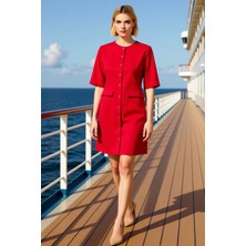 Benerly Kadın Büyük Beden Bisiklet Yaka Standart Kol Düz Desenli Dokuma Elbise Fonksiyonel Estetik