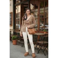 Lela Premium Regular Fit V Yaka Çift Kemerli Peluş Hırka Bayan Hırka 680HI00112