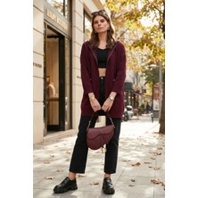 Lela Modest Regular Fit Kapüşonlu Hırka Akrilik Kumaşlı Bordo Renk Bayan Hırka 4616176