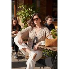 Lela Premium Regular Fit V Yaka Fiyonk Bağlama Detaylı Örgü Desenli Triko Hırka Bayan Hırka 680KZ1947
