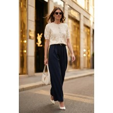 Lela Pileli Wide Leg Yüksek Bel Geniş Paça Kemerli Palazzo Pantolon Bayan Pantolon 68351070