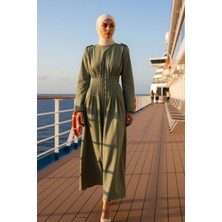 Benerly Kadın Bisiklet Yaka Balon Kol Maxi Elbise Düz Desenli Skater Kalıp Dokuma Kumaş Fonksiyonel