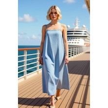 Benerly Kadın Kare Yaka Kolsuz Maxi Denim Elbise Oversize Kalıp Fonksiyonel Dayanıklı Şık %100 Pamuk Büyük Beden