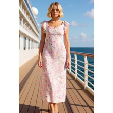 Benerly Kadın V Yaka Kısa Kol A Kesim Maxi Dokuma Elbise Çiçekli Desen Fonksiyonel Şık