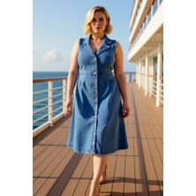 Benerly Kadın Büyük Beden Ceket Yaka Kolsuz Denim Elbise Midi Boy Düz Desen Şık