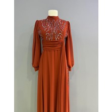 Miss Elegans Şifon Taşlı Işlemeli Kiremit Tesettür Abiye