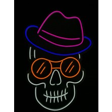 Neonled Gözlüklü Kuru Kafa Işıklı Neon Tablo 65X44 cm