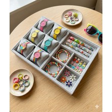 Organizatör Özer3 Gri Süet Tabla Kolye & Yüzük Düzenleyici ve Gözlük(6 Yastık)(4 Bölmeli)(Rulo)