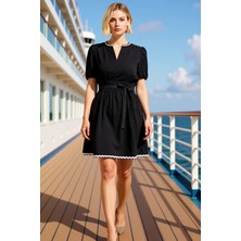 Benerly Kadın Büyük Beden Yaka Balon Kol Kısa Kollu Mini Elbise Fonksiyonel Dayanıklı Modern