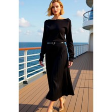 Benerly Kadın Kayık Yaka Uzun Kol Standart Kol A Line Triko Elbise Fonksiyonel Dayanıklı Kaliteli Şık