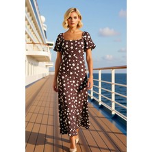 Benerly Kadın Kare Yaka Kısa Kol Balon Kol Maxi Dokuma Elbise Çiçekli Fonksiyonel Spor