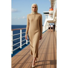 Benerly Kadın Polo Yaka Standart Kol Saç Örgü Desenli Maxi Triko Elbise Fonksiyonel Dayanıklı Spor