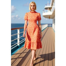 Benerly Kadın Dik Yaka Kısa Balon Kol Midi Elbise A Kesim Volanlı Dokuma Fonksiyonel