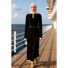 Benerly Kadın Polo Yaka Standart Kol Selanik Triko A Line Maxi Elbise Kemerli Fonksiyonel Kaliteli