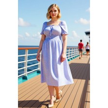 Benerly Kadın Kare Yaka Balon Kol Midi Gofre Büyük Beden Dokuma Elbise Fonksiyonel Şık